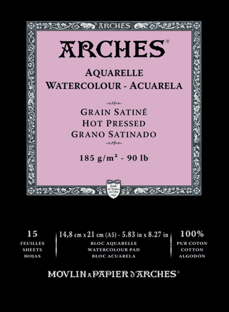 Arches Watercolour Natural White 185gsm Hot Pressed 15 Sheets Blocks